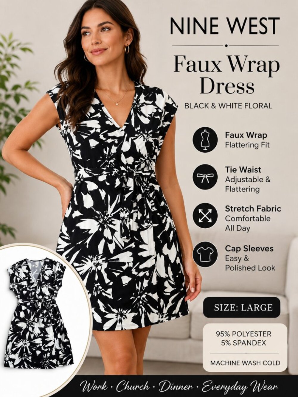 Nine West Black White Floral Faux Wrap Dress Belted Stretch Size L